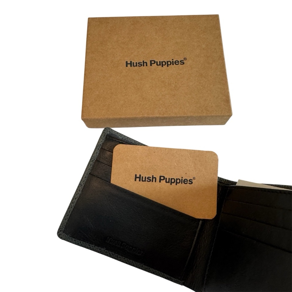 NIB Hush Puppies Mens Black Gray Leather Bifold Wallet Classic Quiet Luxury